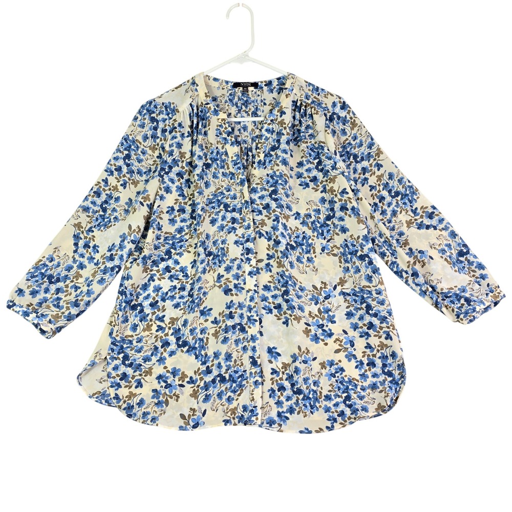 NYDJ Floral Blouse Button Womens XS Blue Ivory Pintuck V-Neck Cottage Boho Pleat